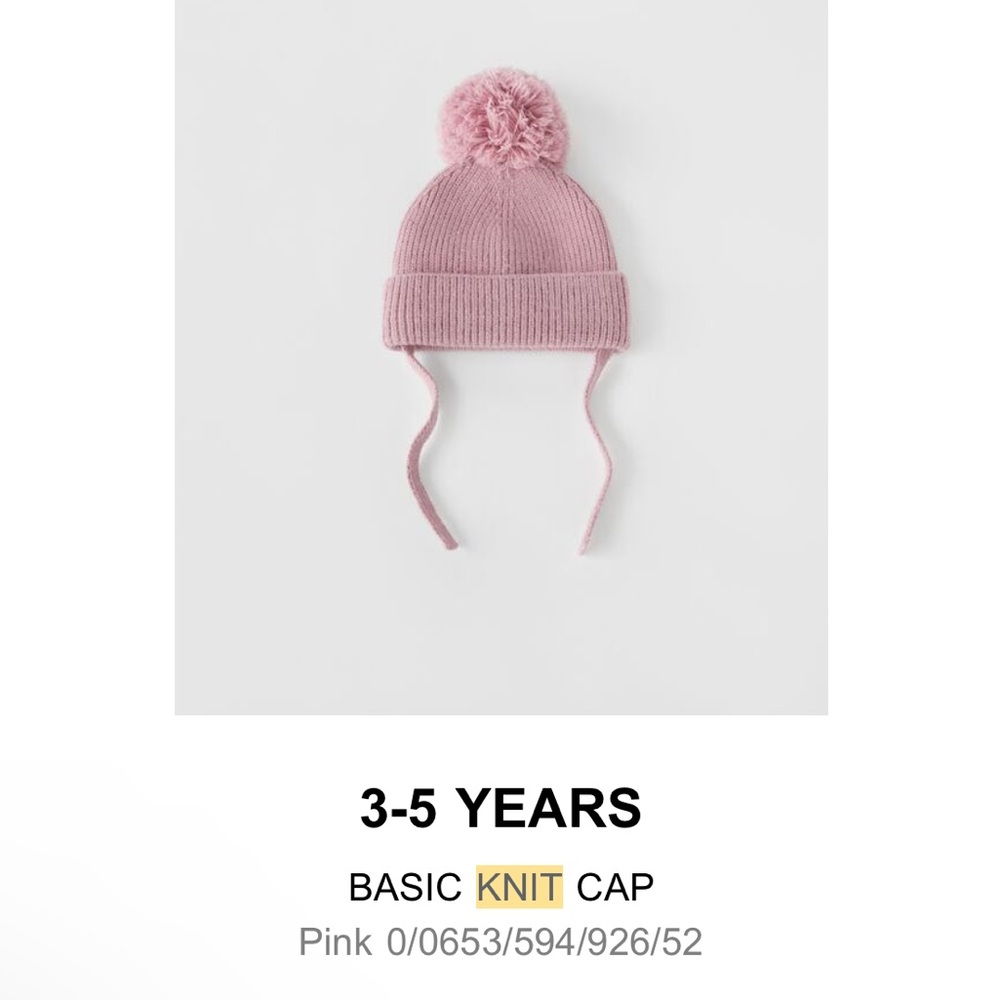 ZARA Pink Knit Beanie with Pom Pom 3-5 Years Old